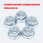 Zinc plated steel chainsaw bar nuts close up