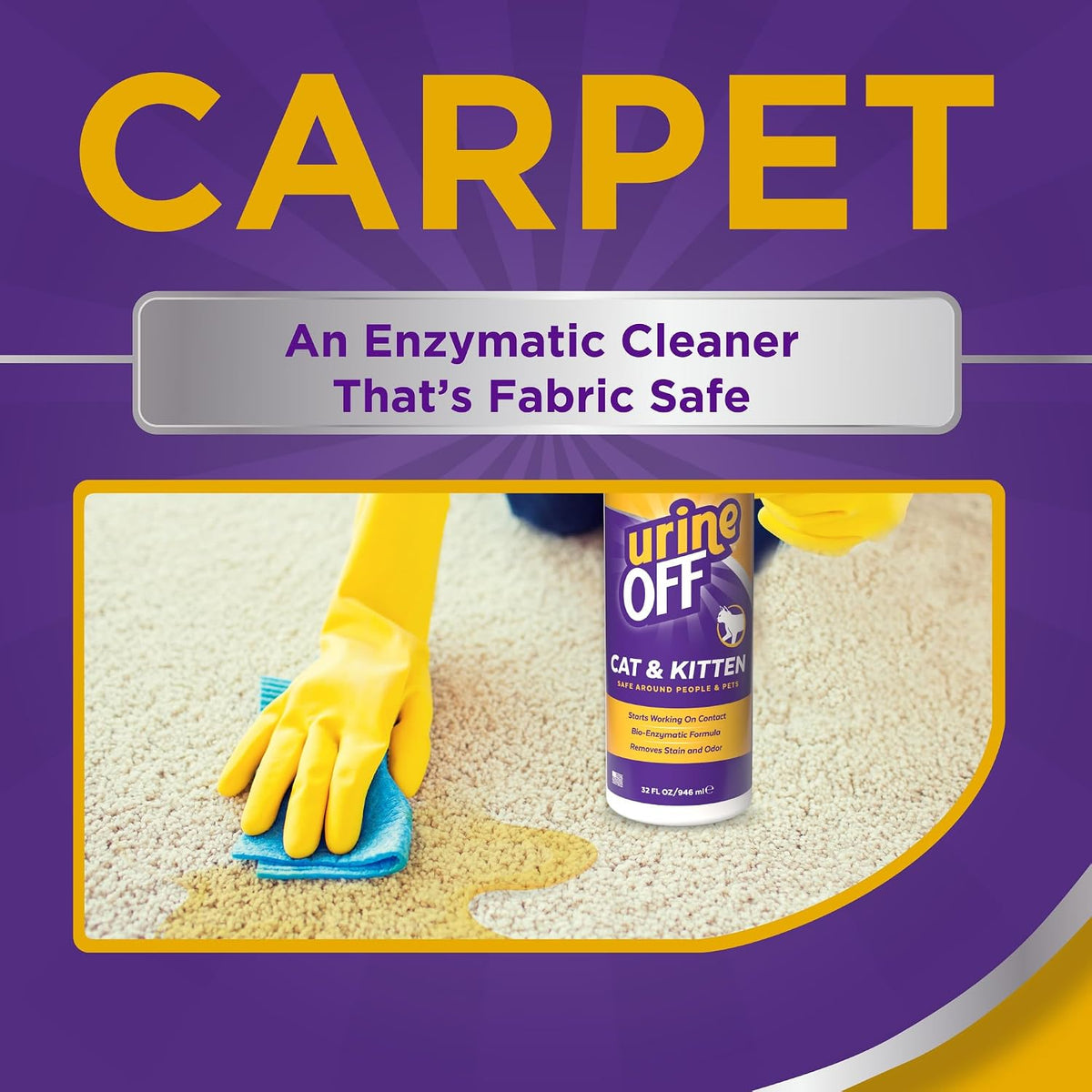 Urine Off cat urine odor eliminator bottle in a home setting