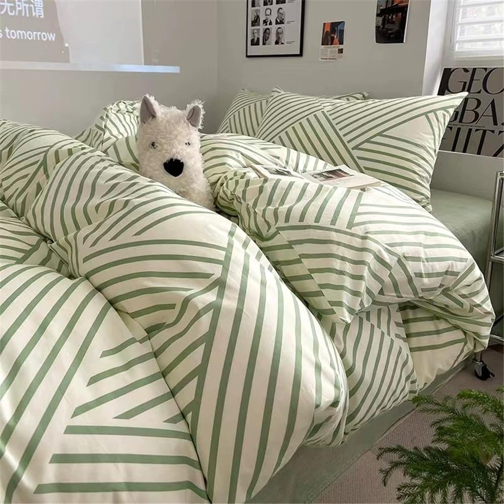 VM VOUGEMARKET Green Stripes Duvet Cover King set laid out on a modern platform bed front view