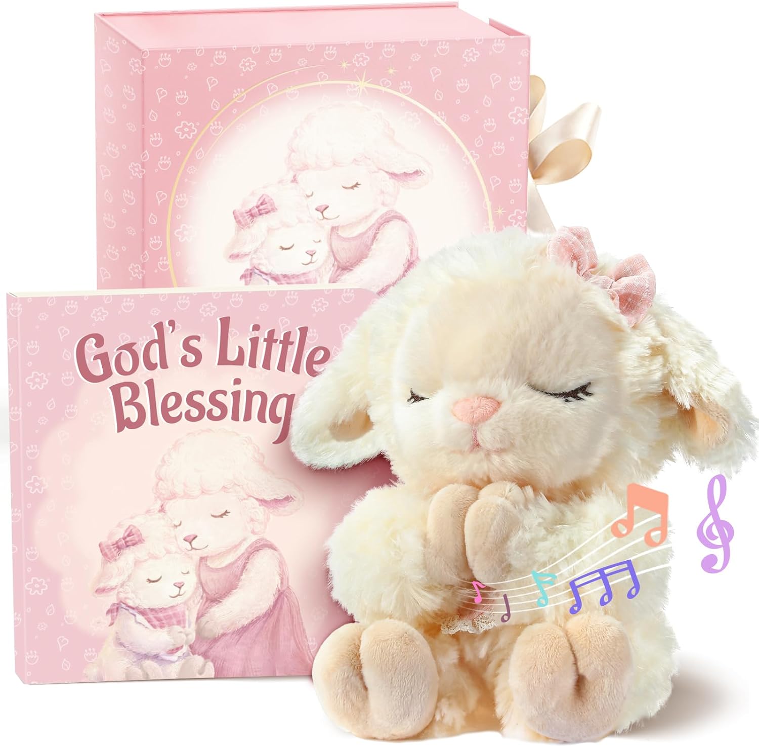 MyMateZoe Baptism Gift Set for baby girls featuring the front view of the pink keepsake box open with the musical plush lamb and prayer book inside.
