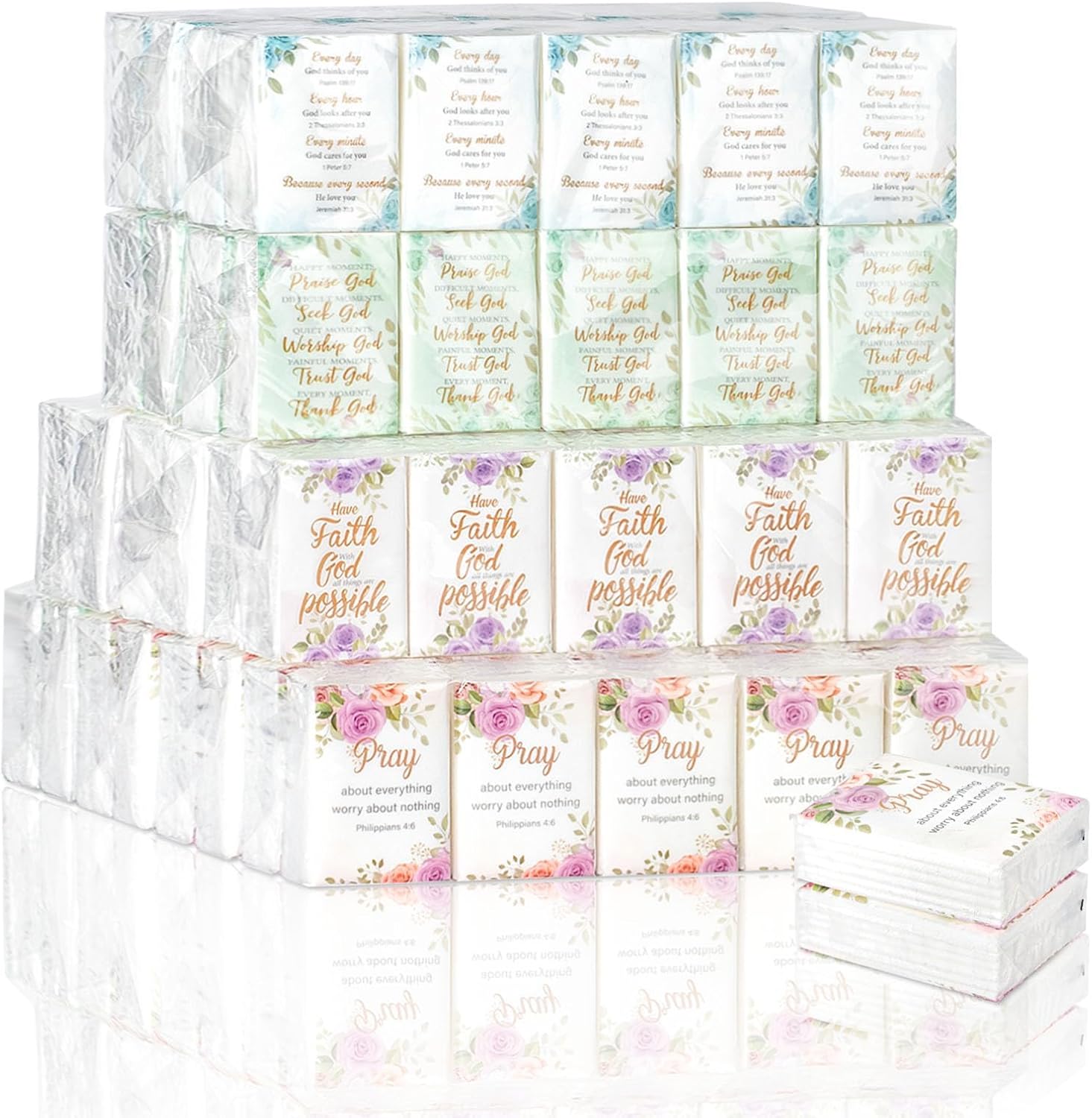 YHNTGB Bible theme facial tissues individual travel pocket pack bulk front view showing floral design and scripture verses.