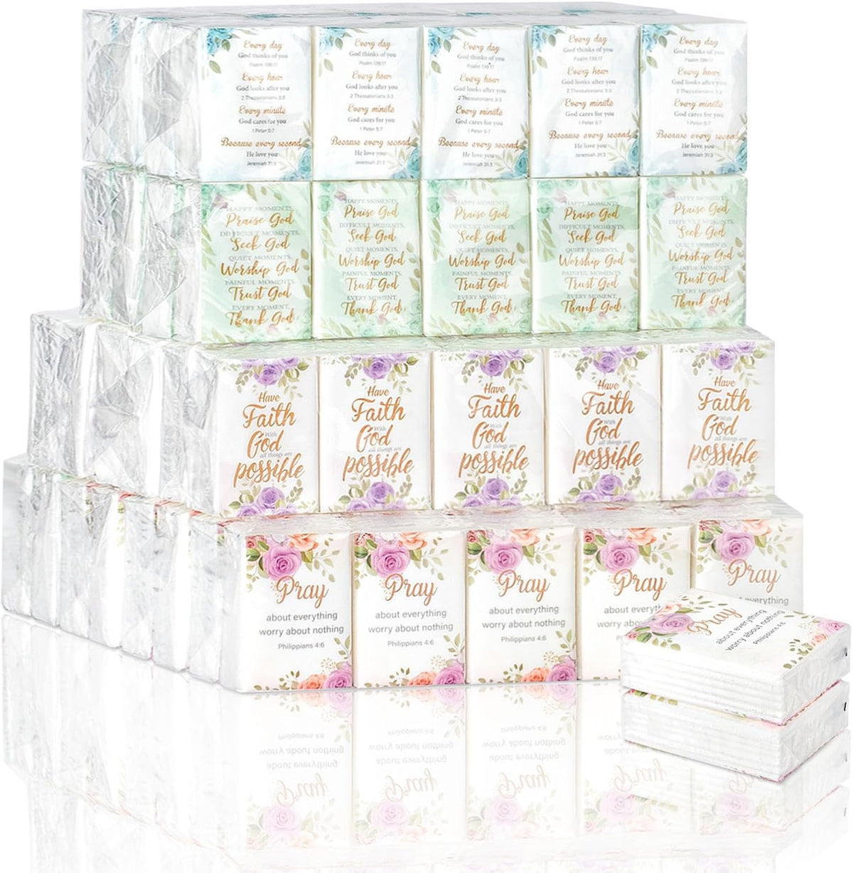 YHNTGB Bible theme facial tissues individual travel pocket pack bulk front view showing floral design and scripture verses.