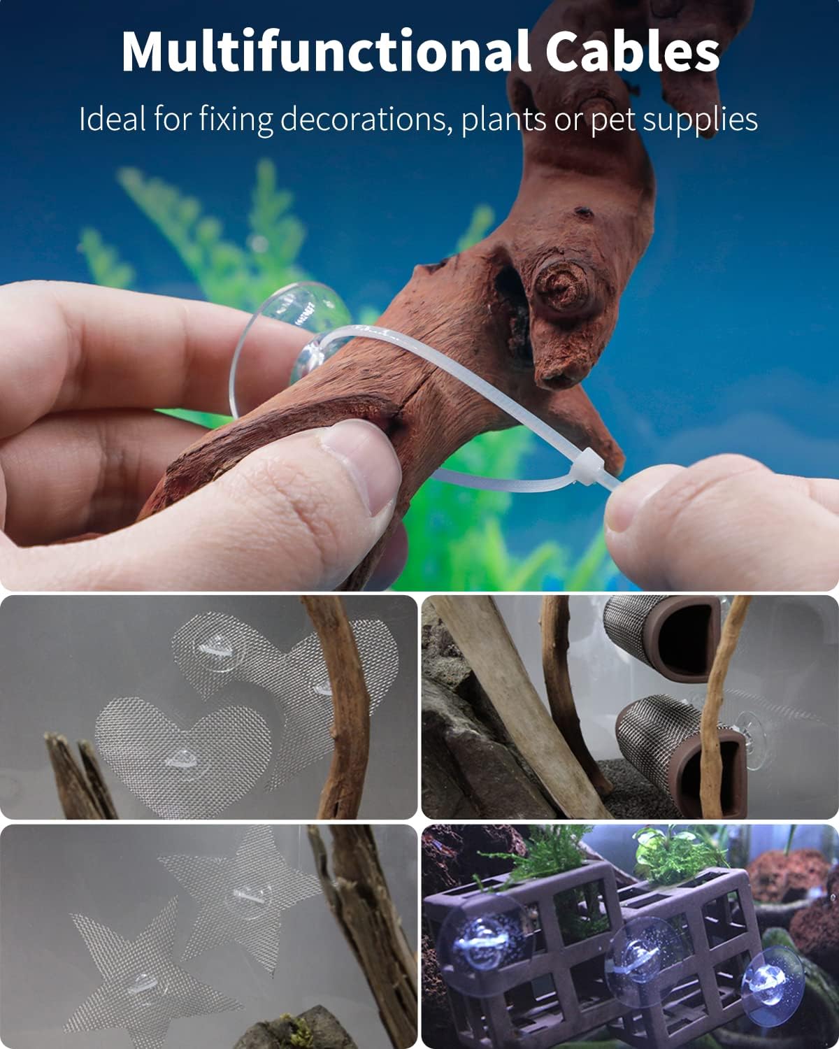 Ten pack of transparent suction cups with twenty pieces of zip ties layout.