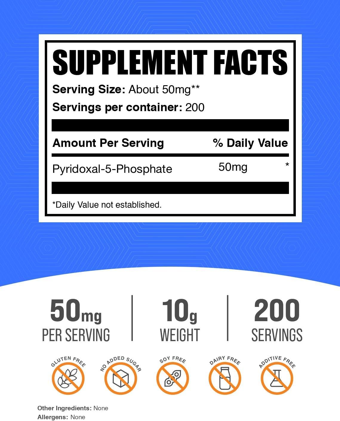 BulkSupplements P5P Vitamin B6 powder packaging displaying ingredient purity and serving guidelines