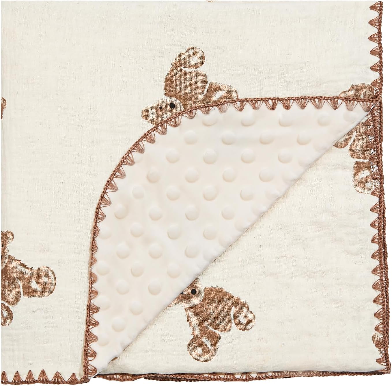 HomeyHues baby blanket front view showing the printed brown bear pattern on cotton muslin fabric.