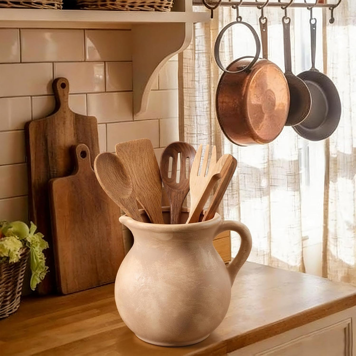 Side profile view of the Potchen farmhouse style kitchen utensil holder