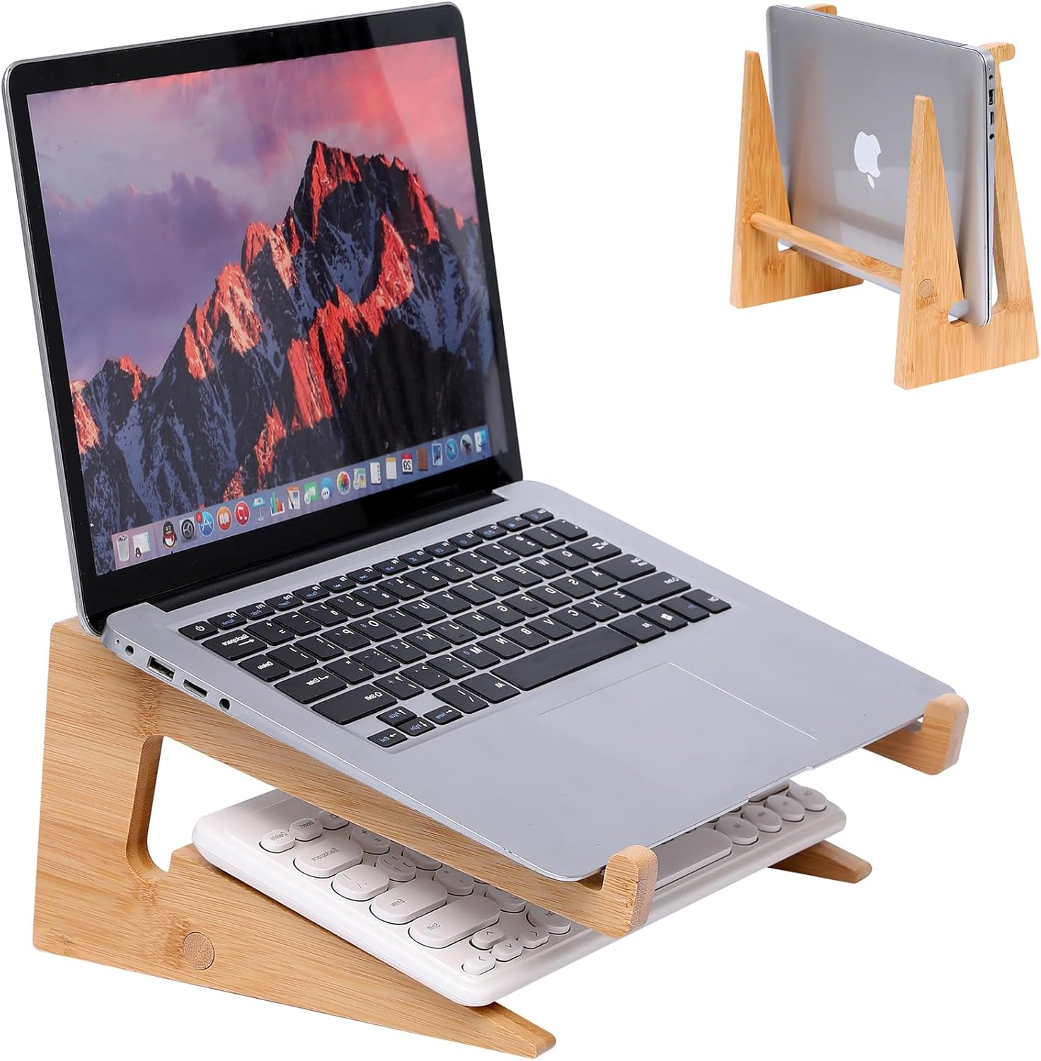 YOCAHAOY wooden vertical laptop stand front view showing natural bamboo grain on desk setup