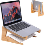 YOCAHAOY wooden vertical laptop stand front view showing natural bamboo grain on desk setup
