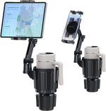 Peastrex cup holder tablet mount front view installed in a car dashboard cup holder slot.