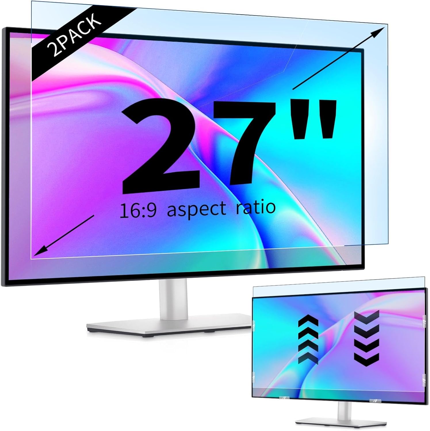 IPROKKO 2 Pack 27 Inch Anti Blue Light Monitor Screen Protector front view on a desktop display.