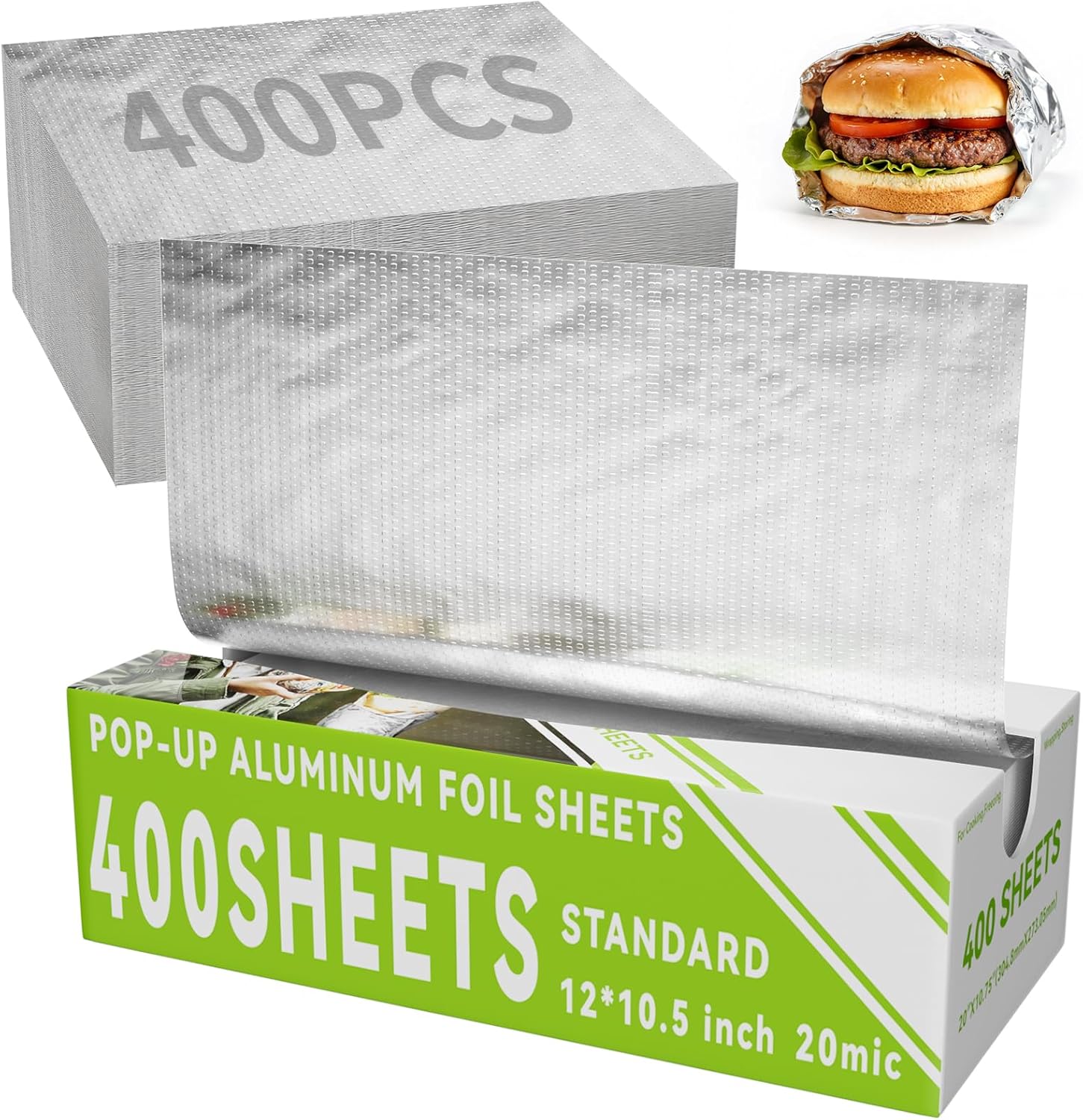 SZZJKJ Pre-Cut Aluminum Foil Sheets 400 count dispenser box front view for food service.