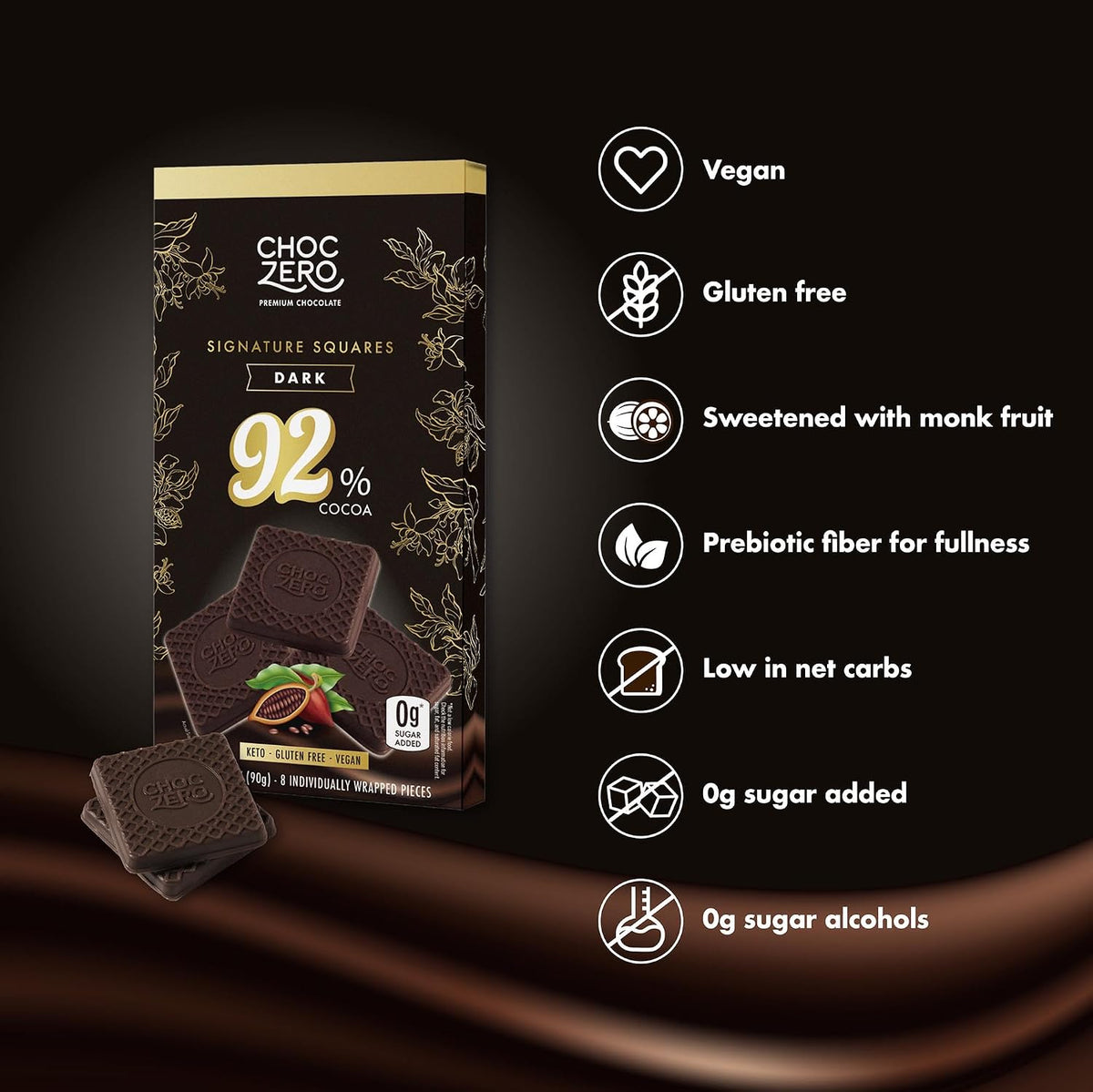 ChocZero monk fruit sweetened dark chocolate box nutrition facts side
