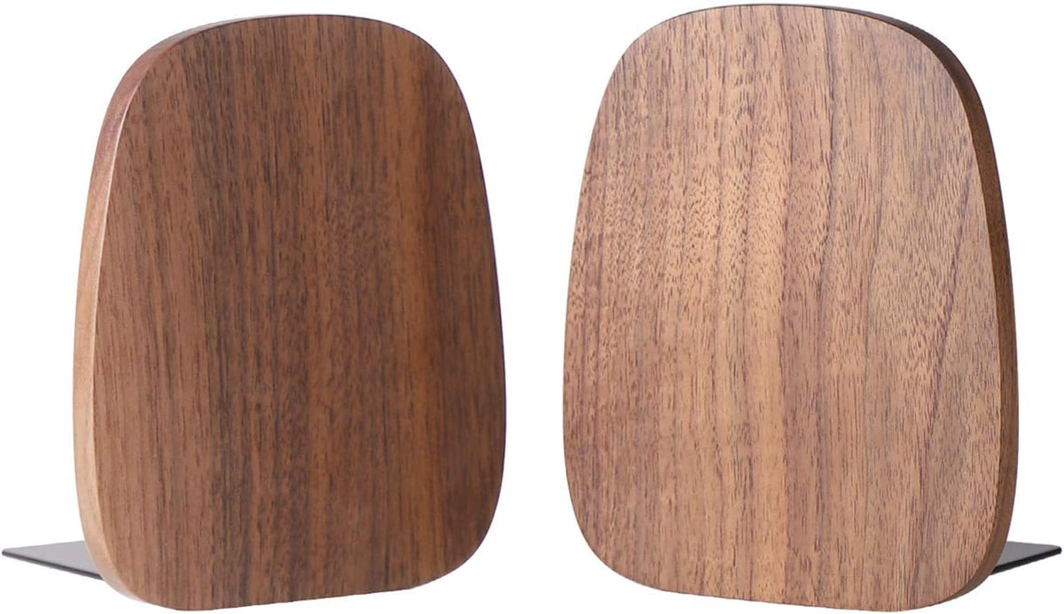 Muso wood bookends supporting heavy books on a wooden shelf