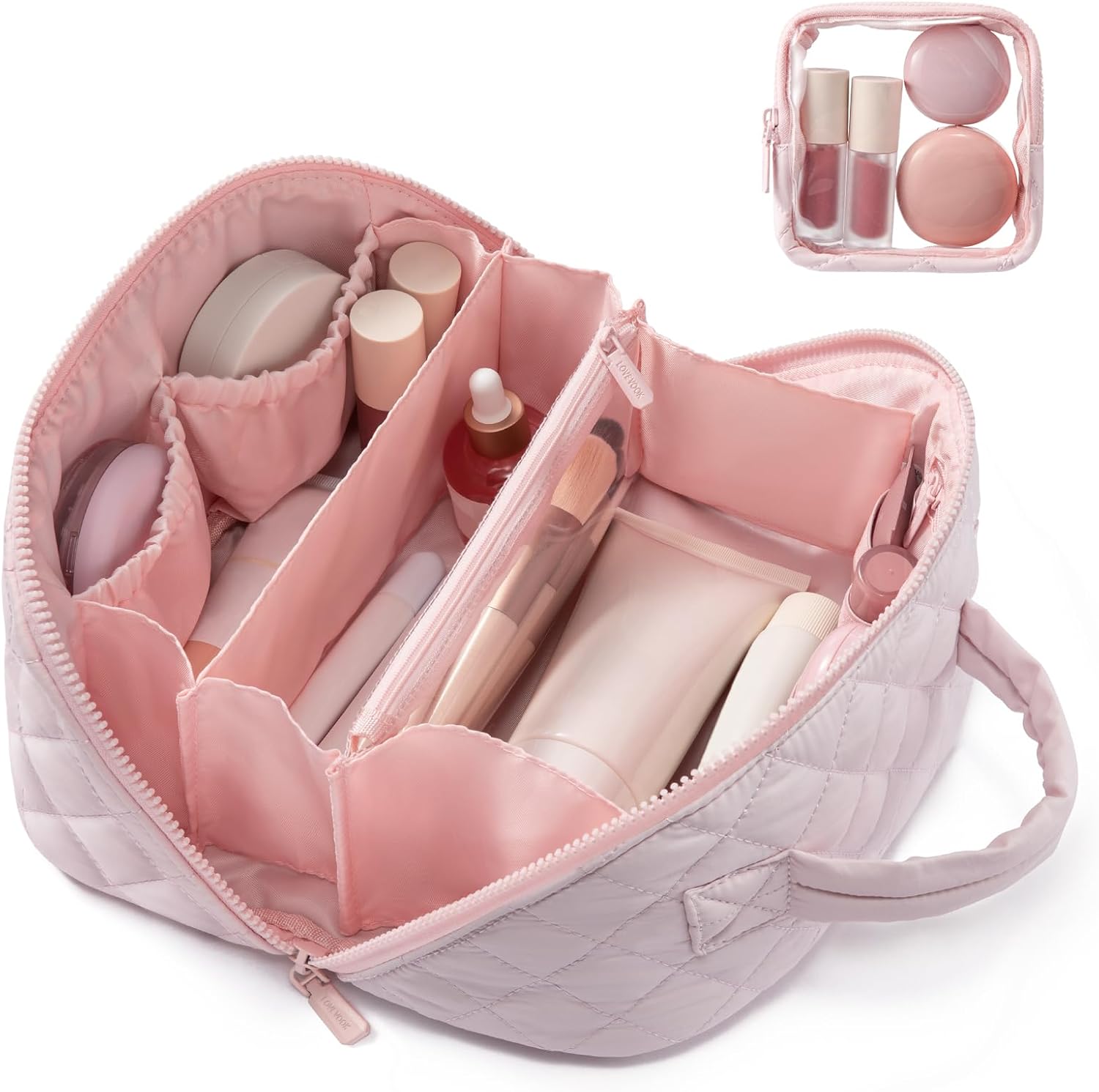 Lovevook puffer travel makeup bag pink front view