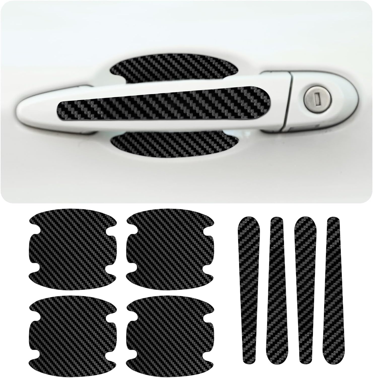 Aiydachy carbon fiber car door handle scratch protectors front view showcasing black textured universal paint guard stickers