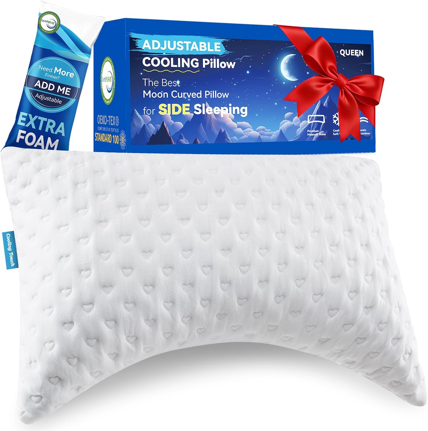 Btasleeep side sleeper pillow front view showing curved crescent ergonomic design