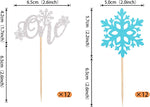 Silver and blue glitter snowflake cupcake picks close up