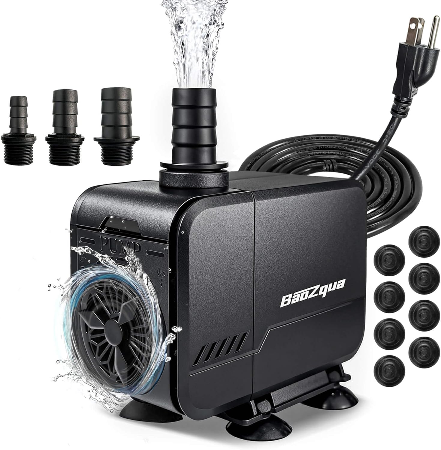 BaoZqua 320GPH Submersible Water Pump front view showing flow control dial.