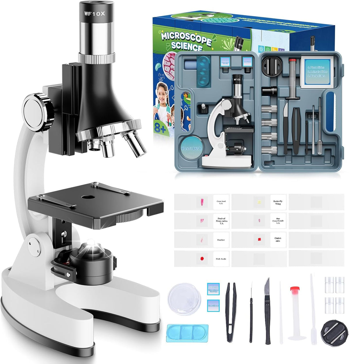Maxlapter 100X-1200X Kids Microscope Kit front view with accessories