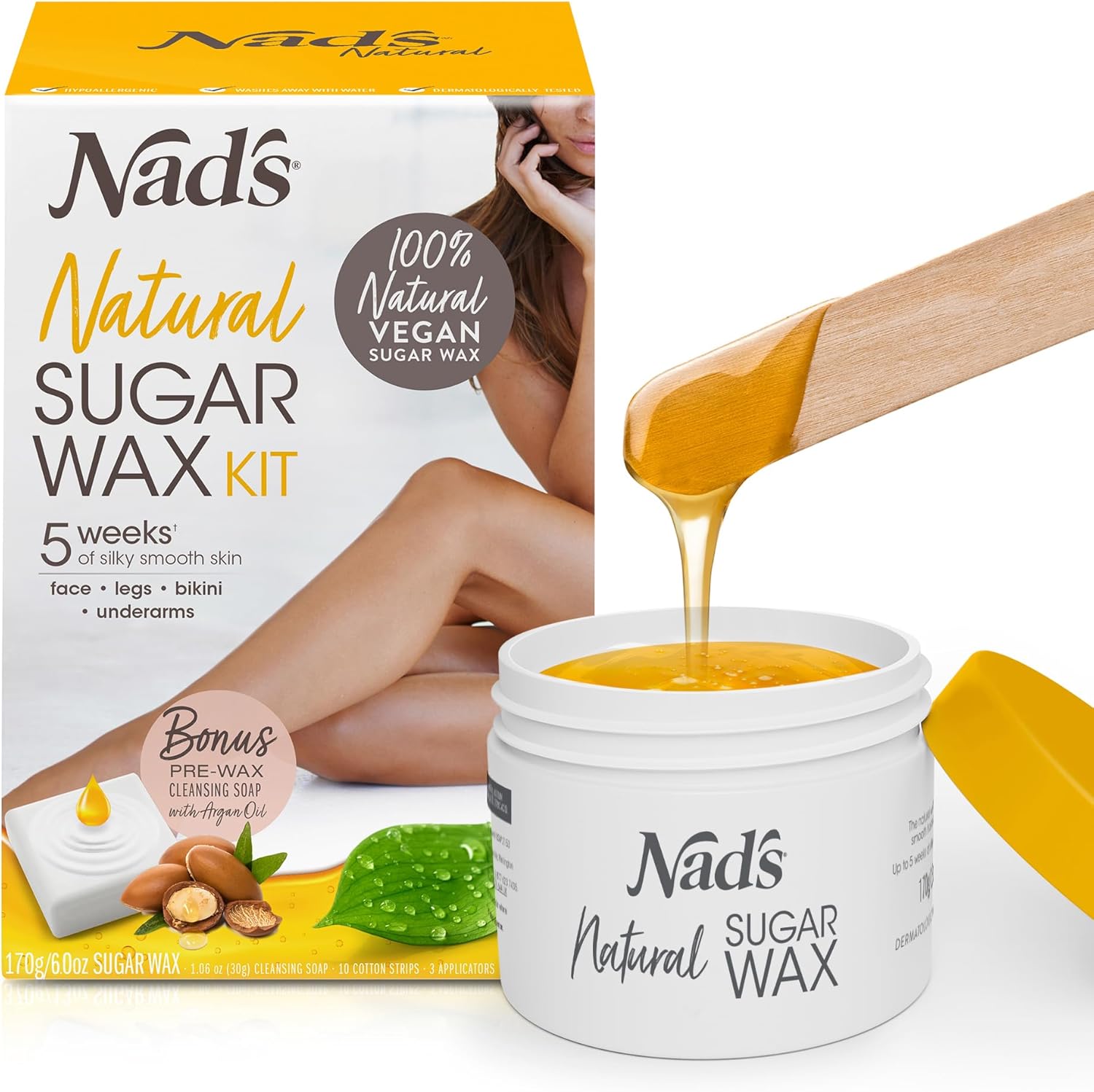 Nad's Natural Sugar Wax Kit front view packaging showing the jar and included cotton strips