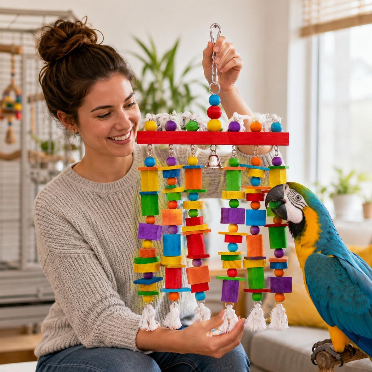 Multicolored natural wooden blocks bird bite toy close up view