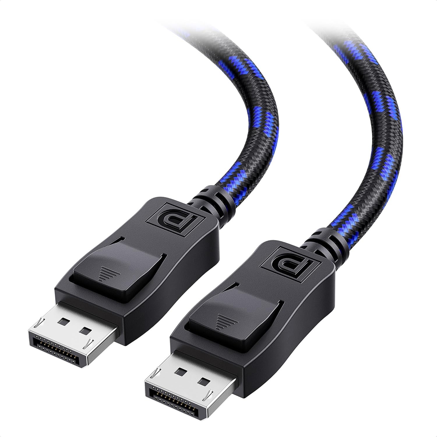 Cable Matters Braided DisplayPort 1.4 Cable front view showing blue and black woven pattern.