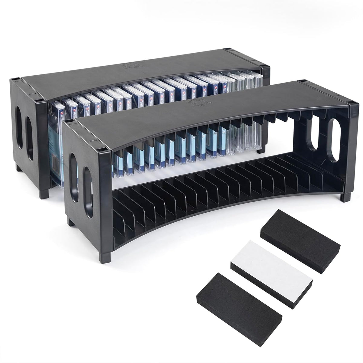 Alavisxf Xx CD storage rack two pack front view holding slim cases on a music room desk