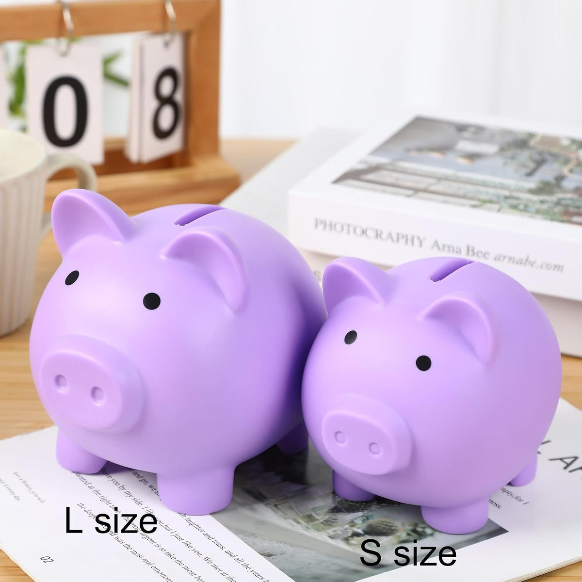 H&W purple piggy bank displayed in a children room setting