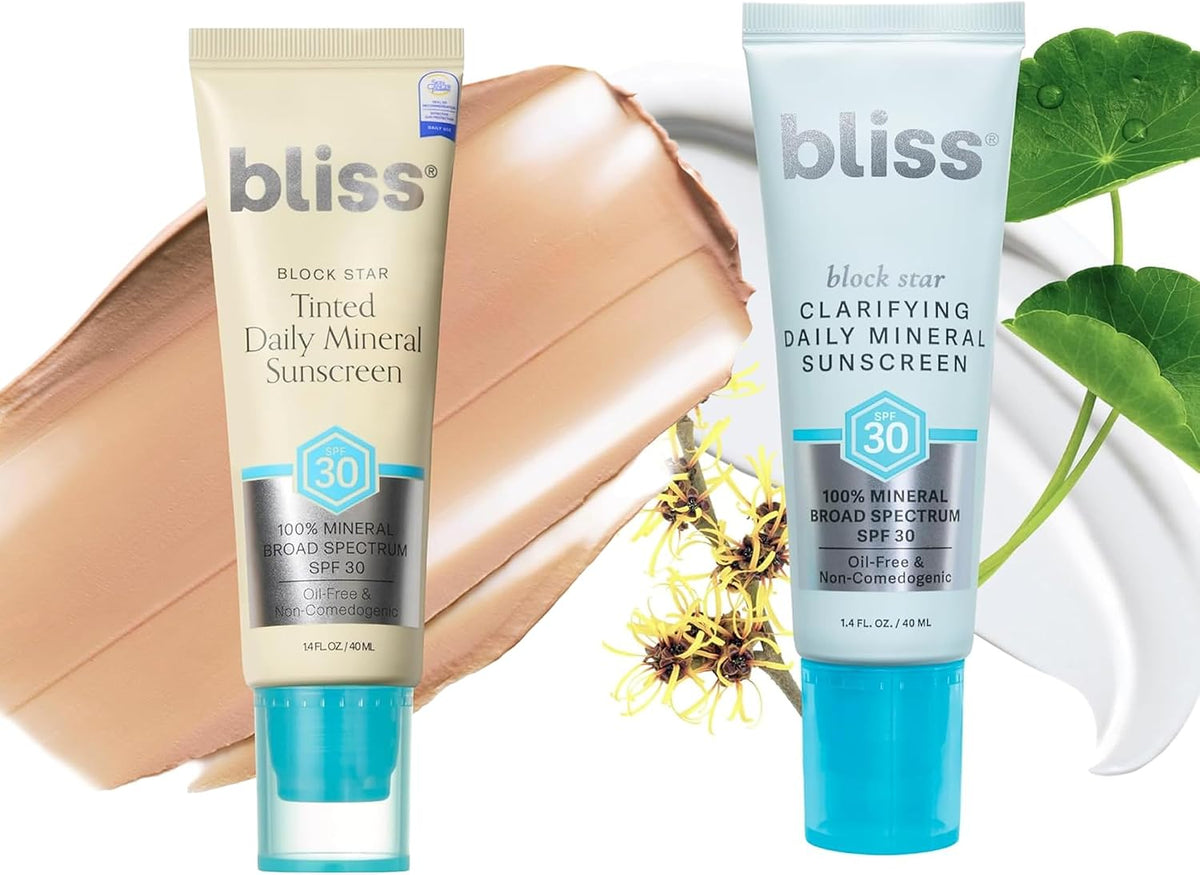 Bliss Block Star SPF 30 Duo front view showing daily tinted and clarifying sunscreen bottles.