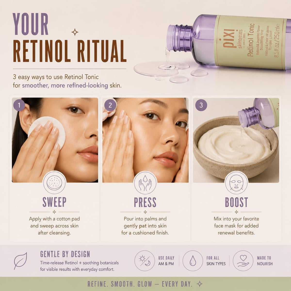 Pixi Retinol Tonic skincare bottle on neutral background