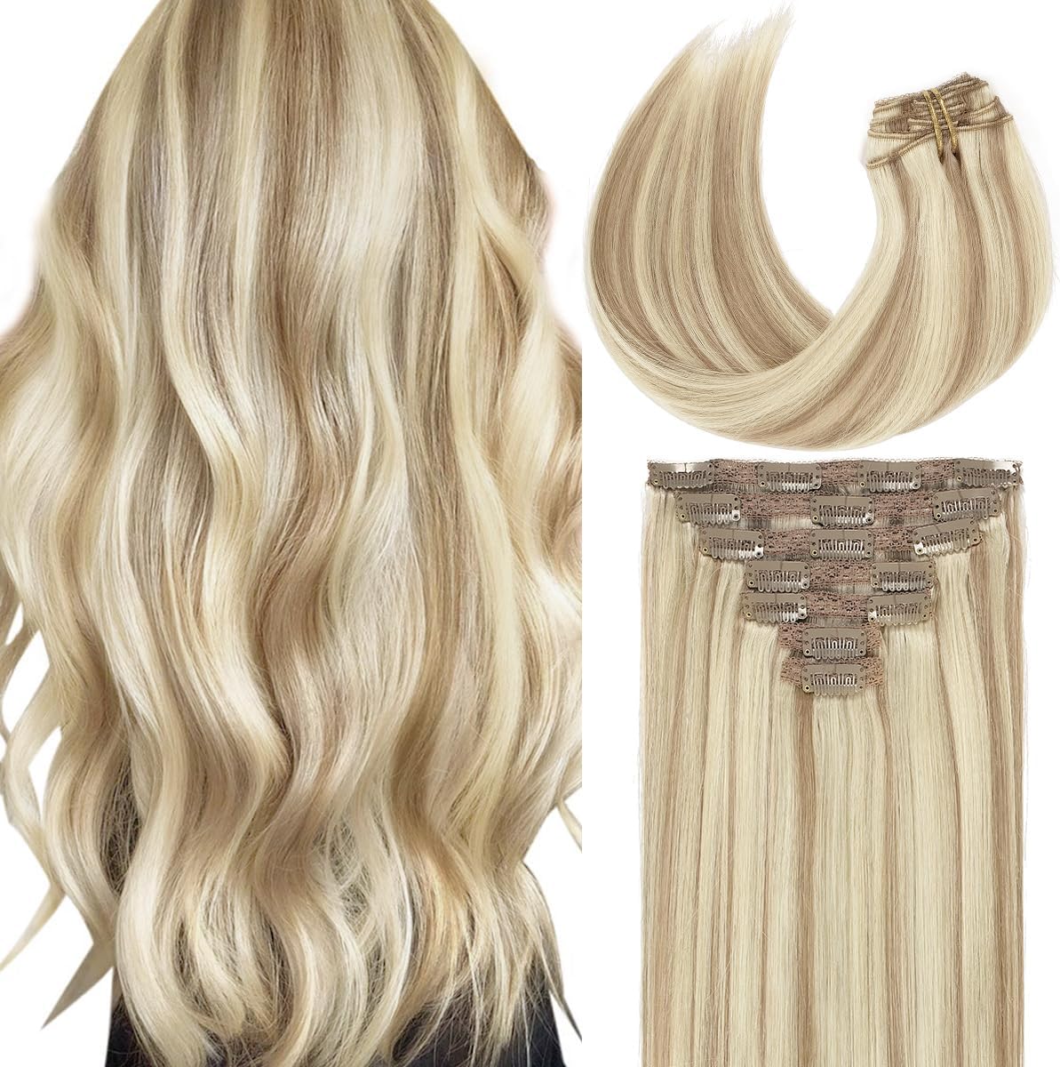 Caliee blonde clip in human hair extensions front view
