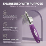 Close up of Poodlie pet dematting brush with long metal safety blades.