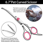 Curved grooming scissors for dogs trimming sensitive areas safely.