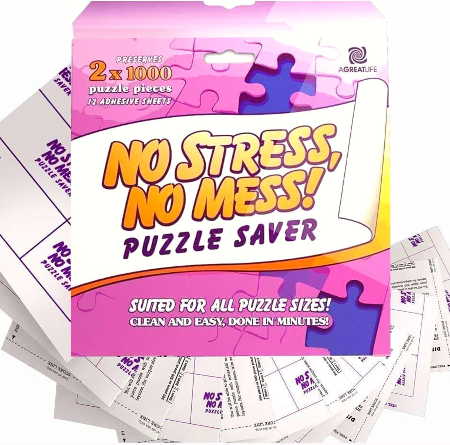 AGREATLIFE Permanent Adhesive Puzzle Saver Sheets front packaging view showing twelve peel and stick sheets.