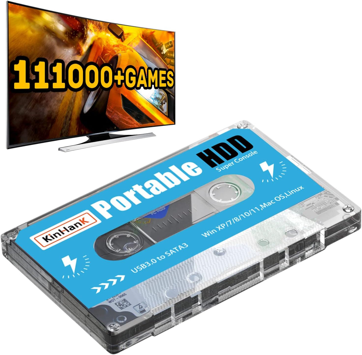 Kinhank 500GB portable external game hard drive disk front view showing transparent cassette design