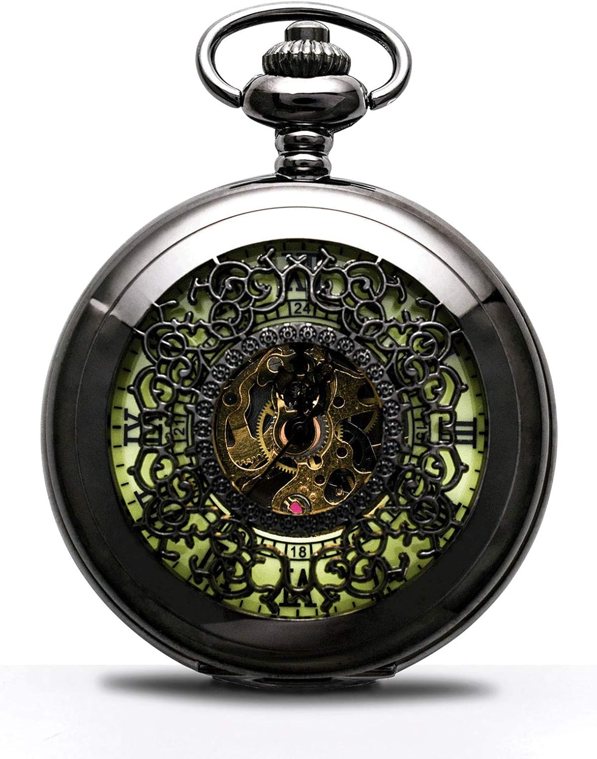 BOSHIYA Mechanical Pocket Watch Luminous Steampunk Vintage Pocket Watch/with Chains/Hand Wind Up/Black Skeleton/Dial Roman Numberals... - Image 12