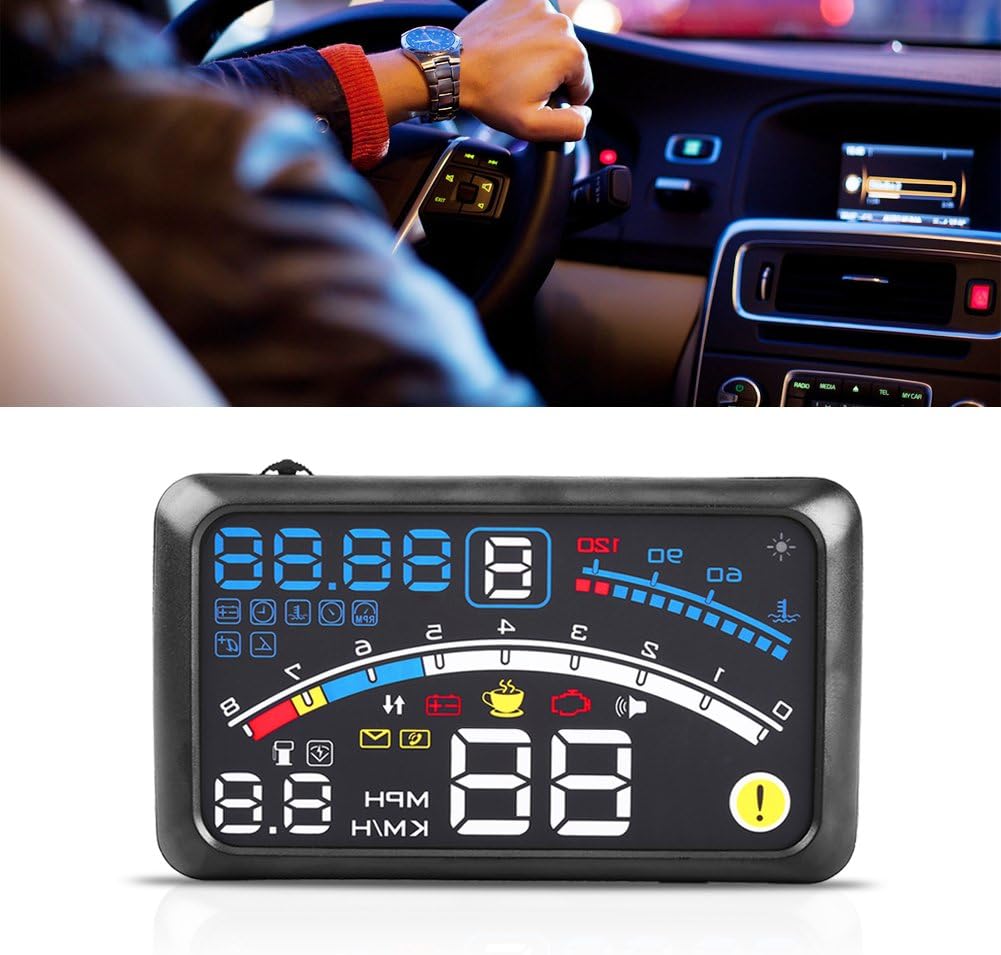 Estink universal car head up display front view projecting driving metrics.