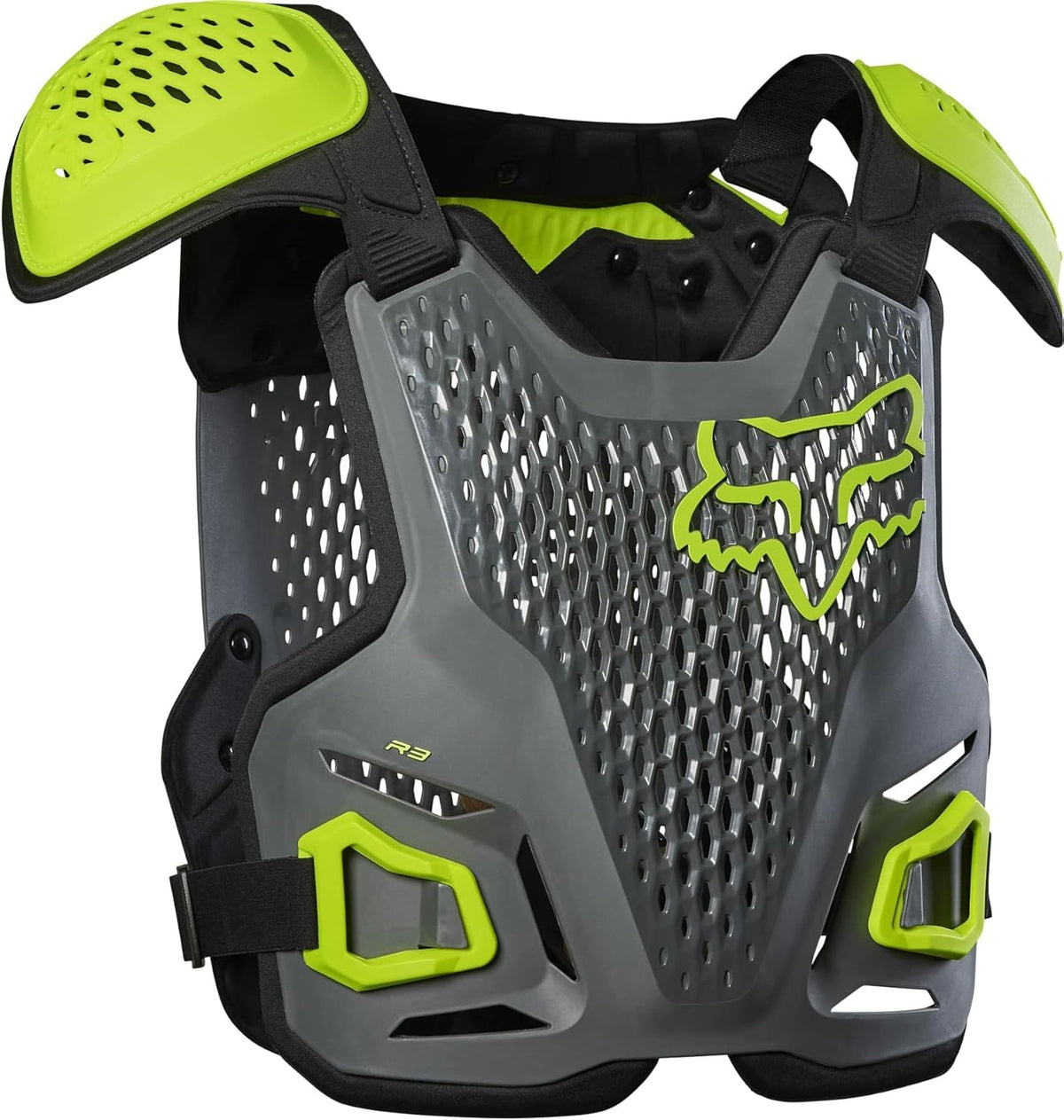Fox Racing R3 Roost Deflector in Dark Shadow grey front view premium motocross chest guard