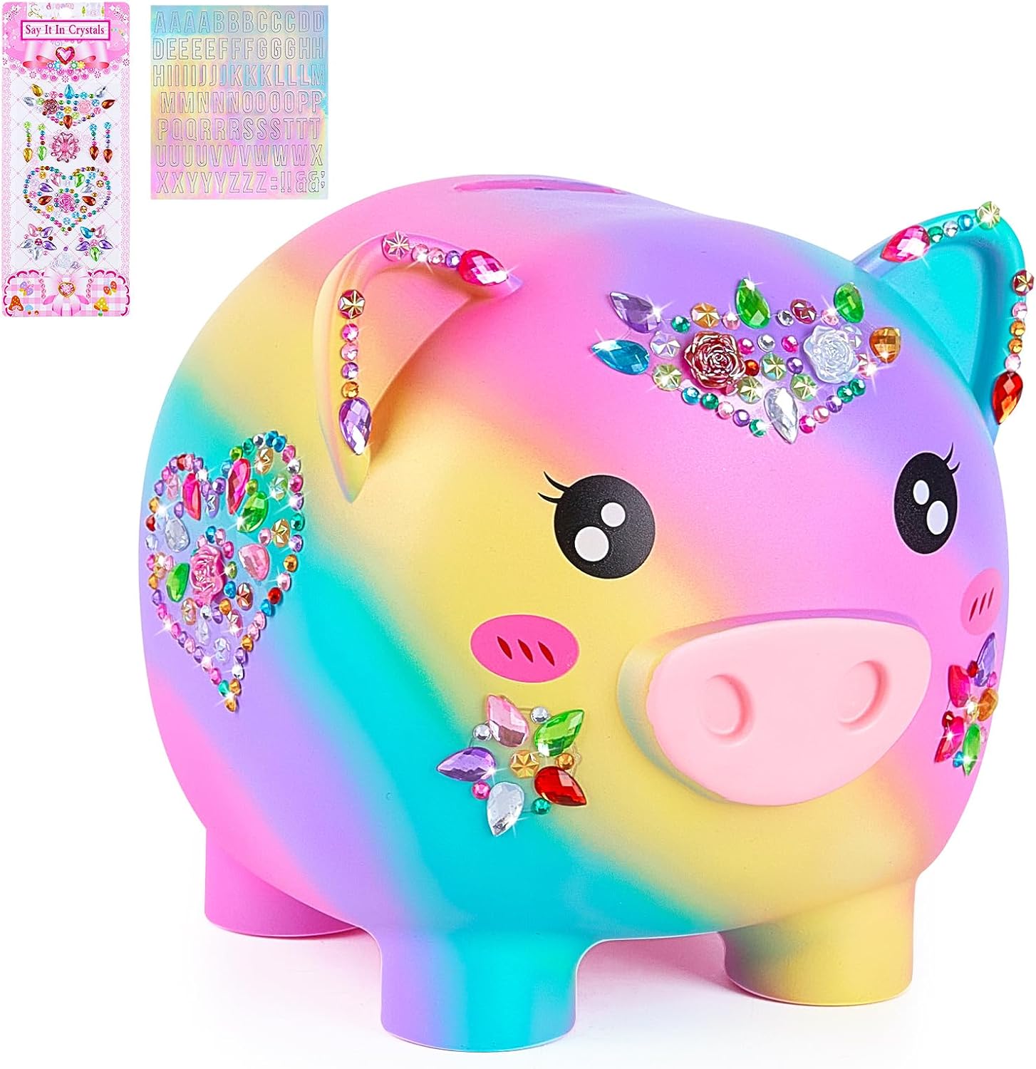 MHJY unbreakable piggy bank for girls front view showing vibrant rainbow design and customized name stickers.