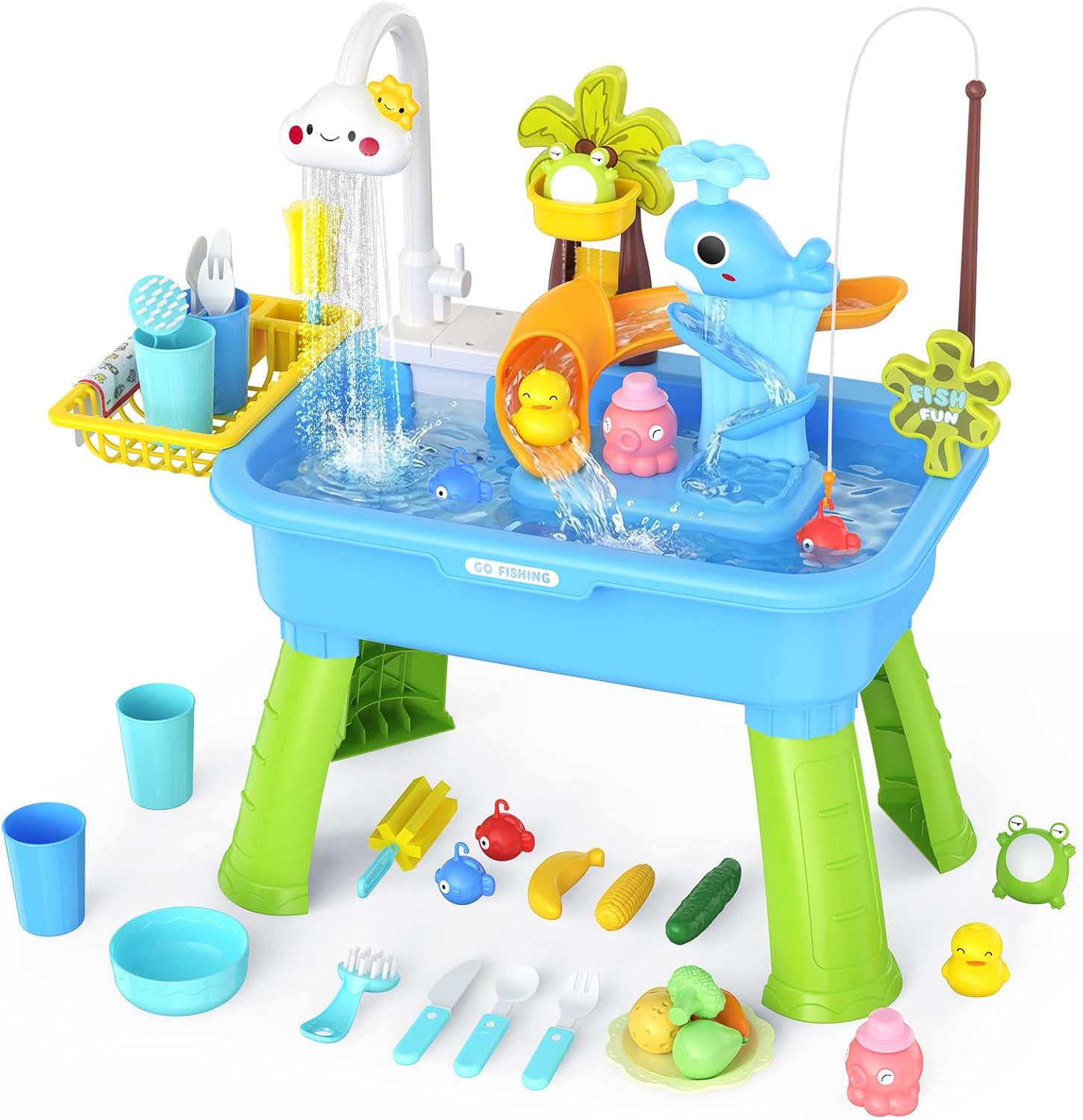Ggrh upgraded toddler water table front view showing the blue main basin and cloud faucet