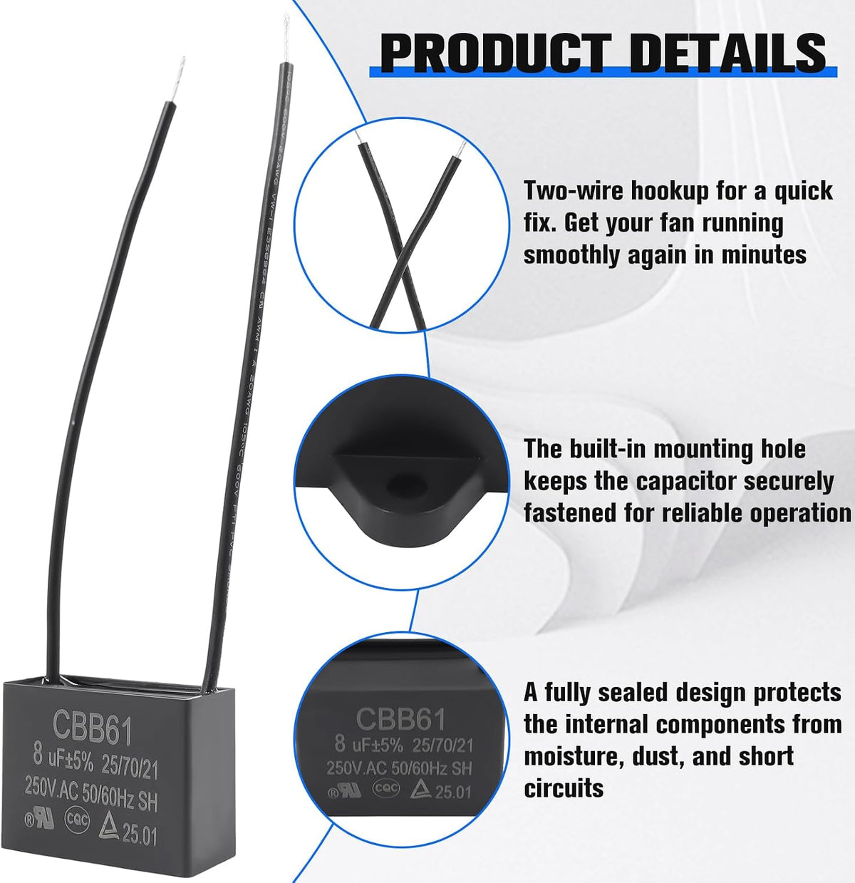 Podoy ceiling fan capacitor specification label closeup