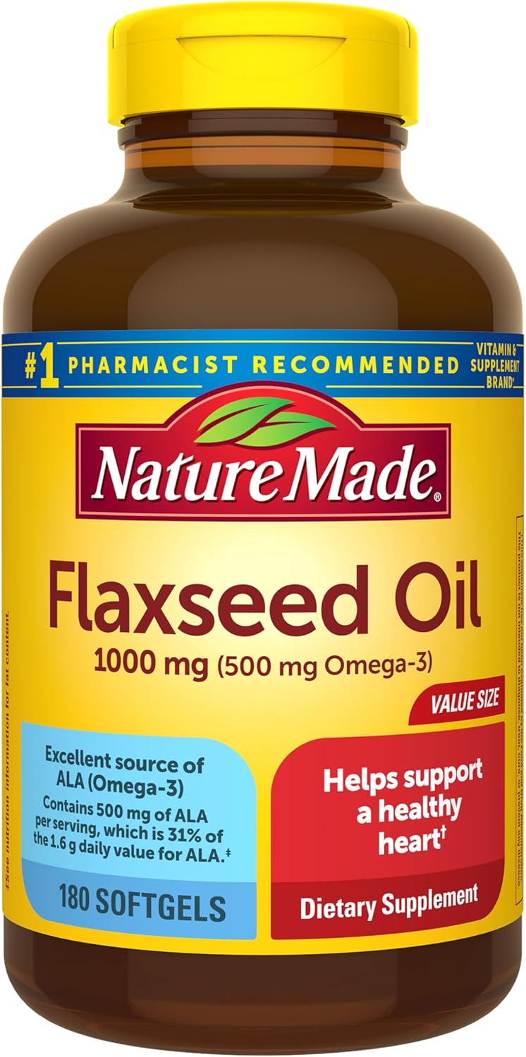 Nature Made flaxseed oil 1000 milligram softgels front view bottle