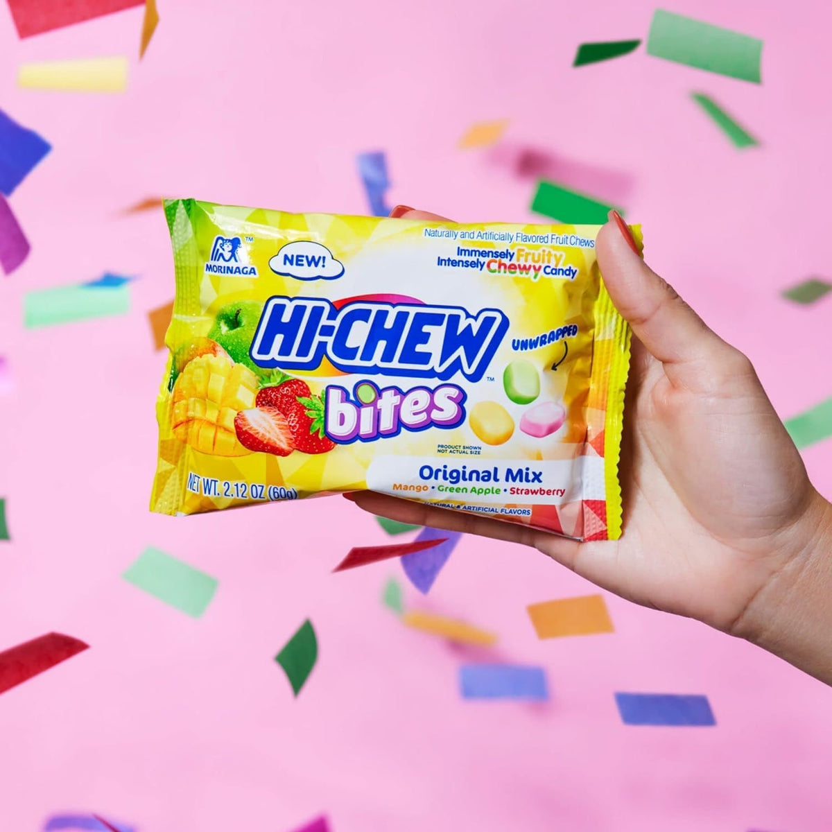 Bite sized HI-CHEW candy pieces showing double layer texture