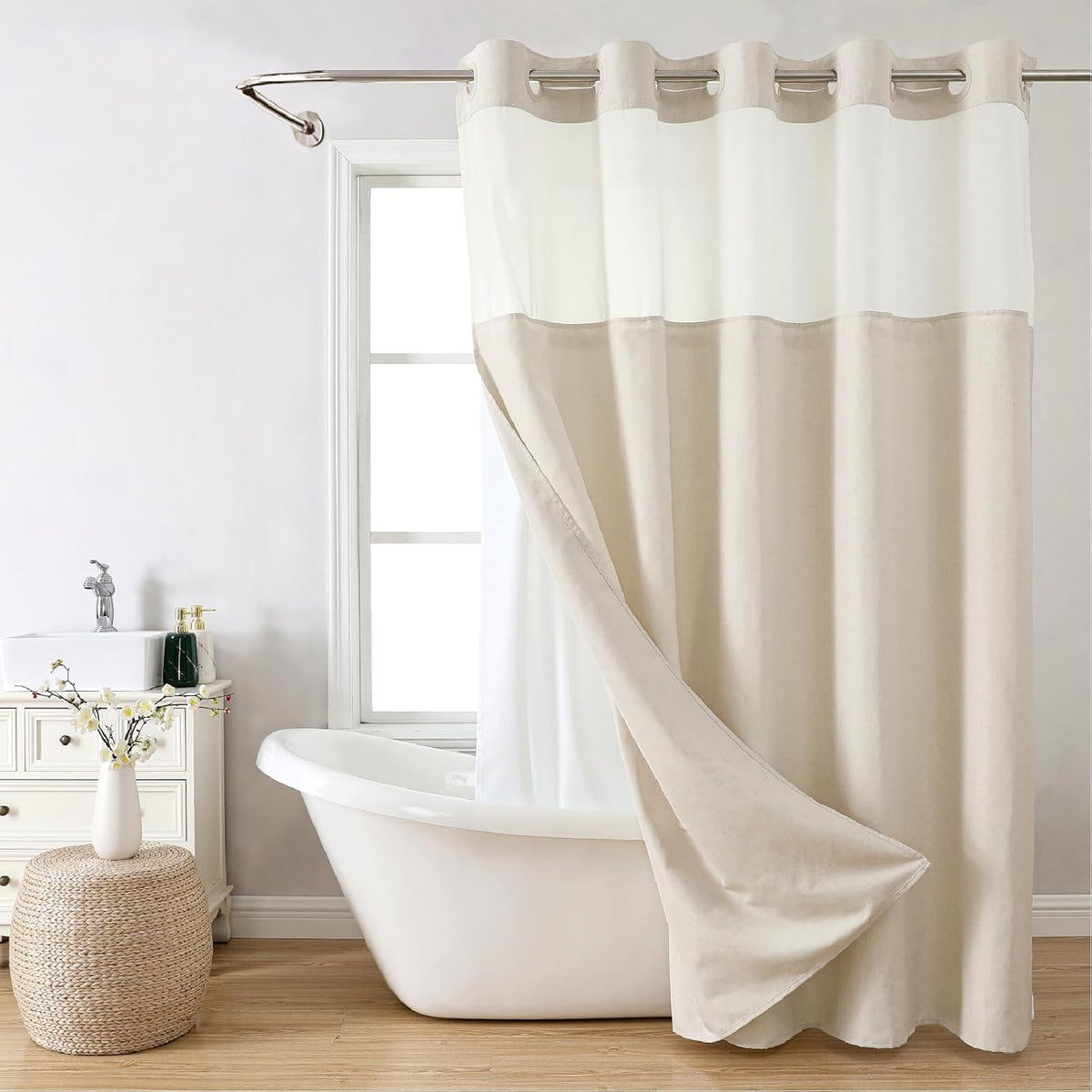 Eachope no hooks linen textured shower curtain cream front view in luxury hotel bathroom