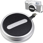 Jw JJC Deluxe Nappa Leather Lens Cap Keeper front view attached to a camera lens cap