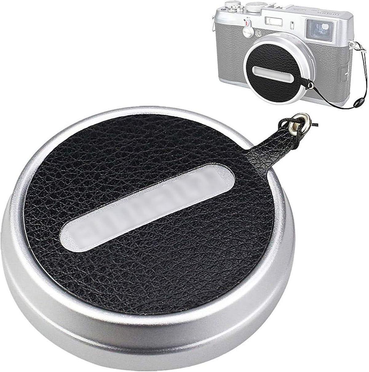 Jw JJC Deluxe Nappa Leather Lens Cap Keeper front view attached to a camera lens cap