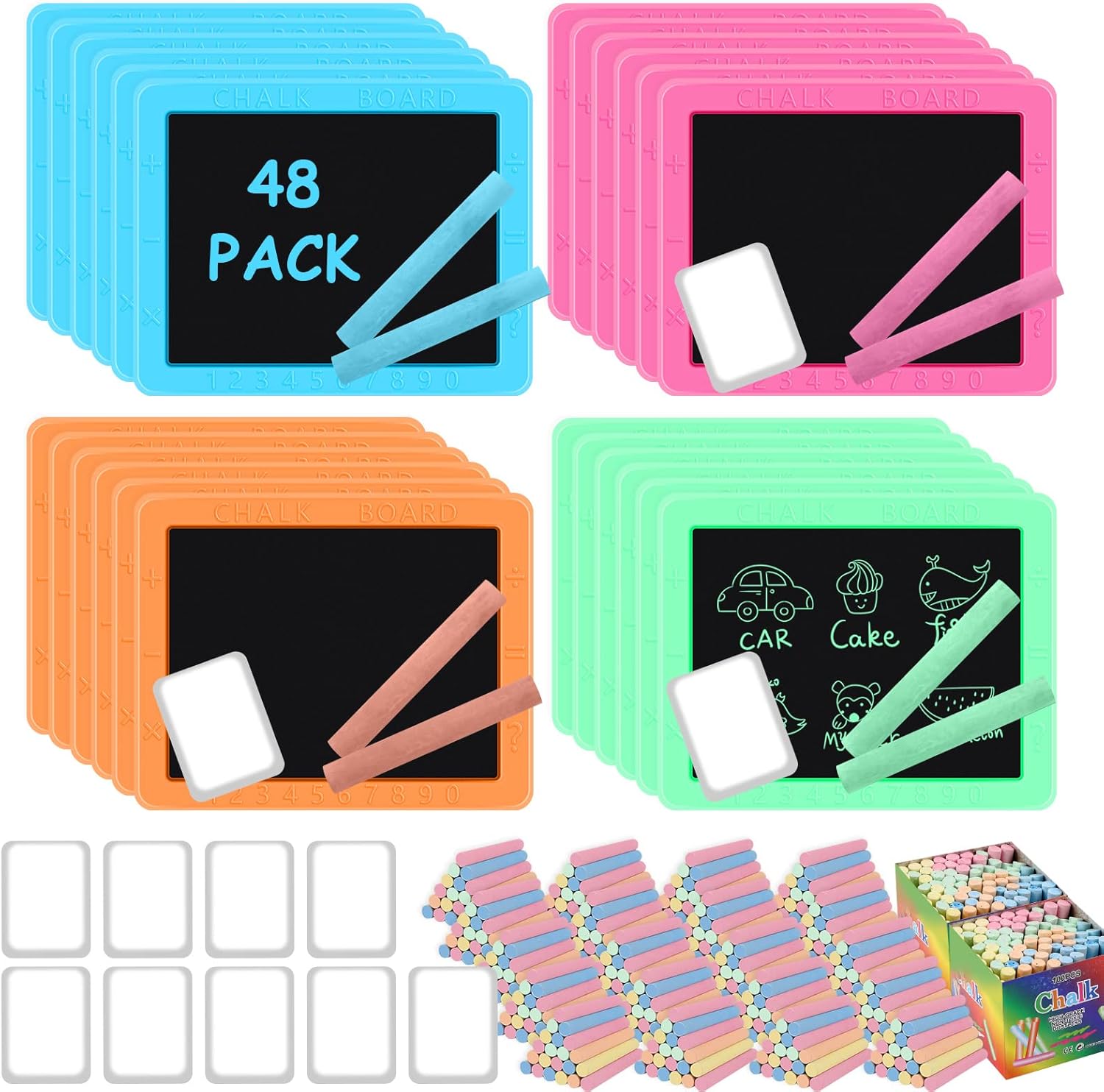 Tinlade neon mini chalkboard set for kids front view showing forty eight packed kits