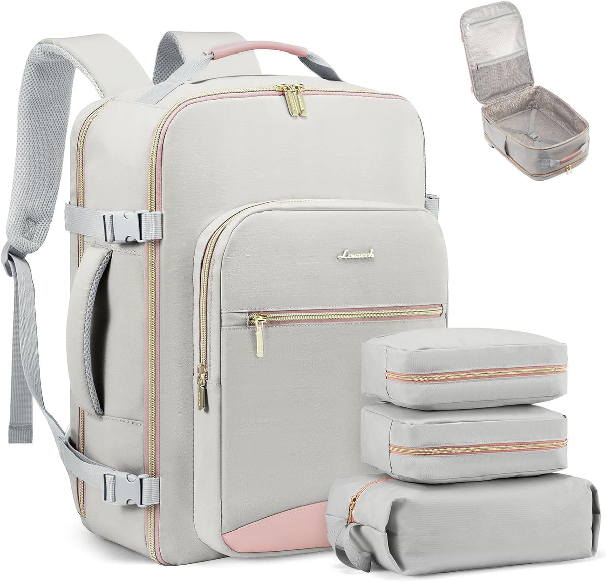 LOVEVOOK travel backpack front view in light gray and pink color scheme showing premium zippers.