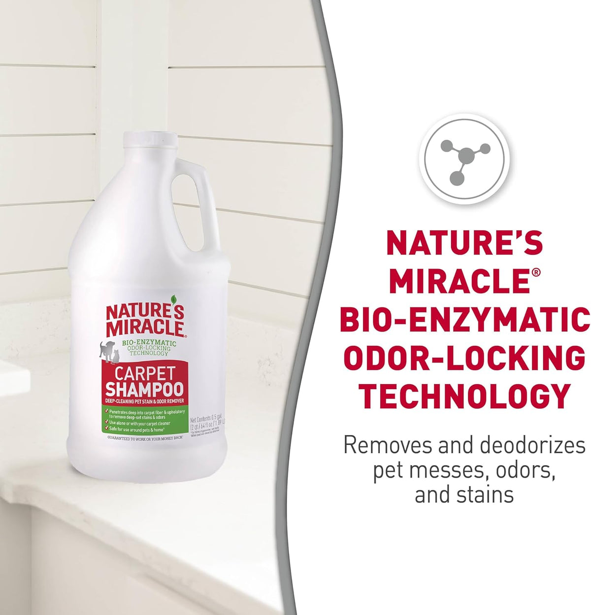 Nature's Miracle carpet shampoo bottle showing bio-enzymatic technology label