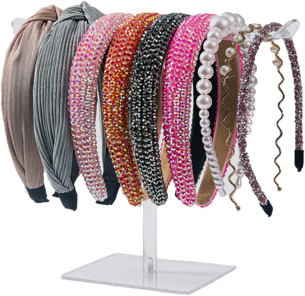 LOVNFC clear acrylic headband holder front view displaying colorful hair hoops